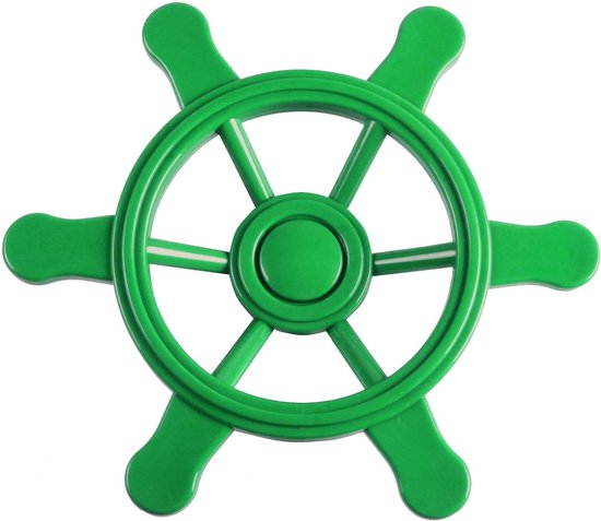 Groen piratenstuurwiel met zes handvatten en witte strepen.
