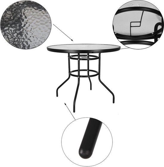 Table de jardin Springos | table d'extérieur | Table d'appoint d'extérieur | Métal | Verre trempé | Rond | 90 x 72 cm | Noir