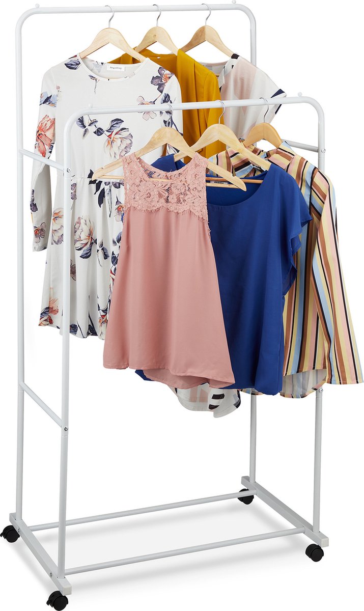 Relaxdays kledingrek op wieltjes kledingstandaard met 2 roedes