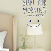 Stickerheld - Muursticker "Start your morning with a smile" Quote - Slaapkamer - inspirerend - Engelse Teksten - Mat Donkerblauw - 49.1x41.3cm