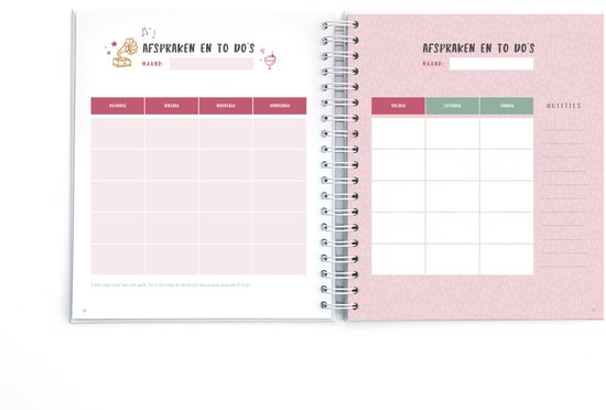 Een open ringband-planner met tabellen voor afspraken en to-do's, in roze en lichtgroene tinten.