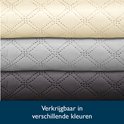 Stapel van drie spreien in crème, lichtgrijs en donkergrijs, met ruitpatroon.