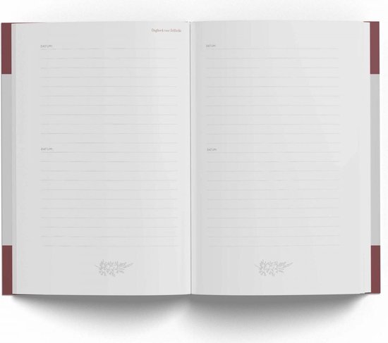 Open dagboek met lege, gelijnde pagina's met datumvakken. De pagina's bevatten een kleine bloemenillustratie aan de onderkant.