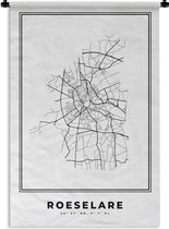 Wandkleed - Wanddoek - Plattegrond – Roeselare - België – Zwart Wit – Stadskaart - Kaart - 60x90 cm - Wandtapijt