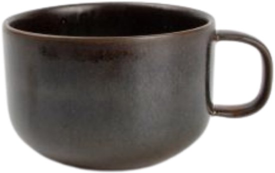 Donkerbruine keramieken koffiekop met een ronde vorm en een glanzende, gespikkelde textuur.