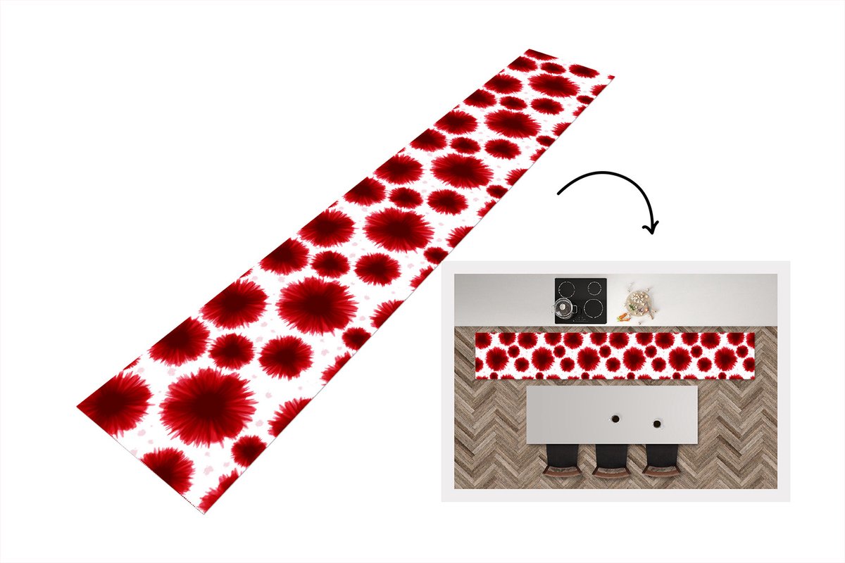 KitchenYeah Keukenloper - Loper keuken - Aquarelverf - Rood - Bloemen - 300x50 cm - Keukenloper vinyl Multicolor
