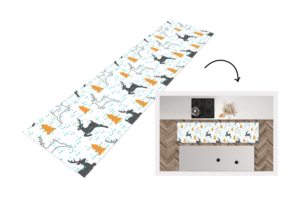 KitchenYeah Keukenloper - Loper keuken - Hert - Patroon - Boom - 200x50 cm - Keukenloper vinyl Multicolor