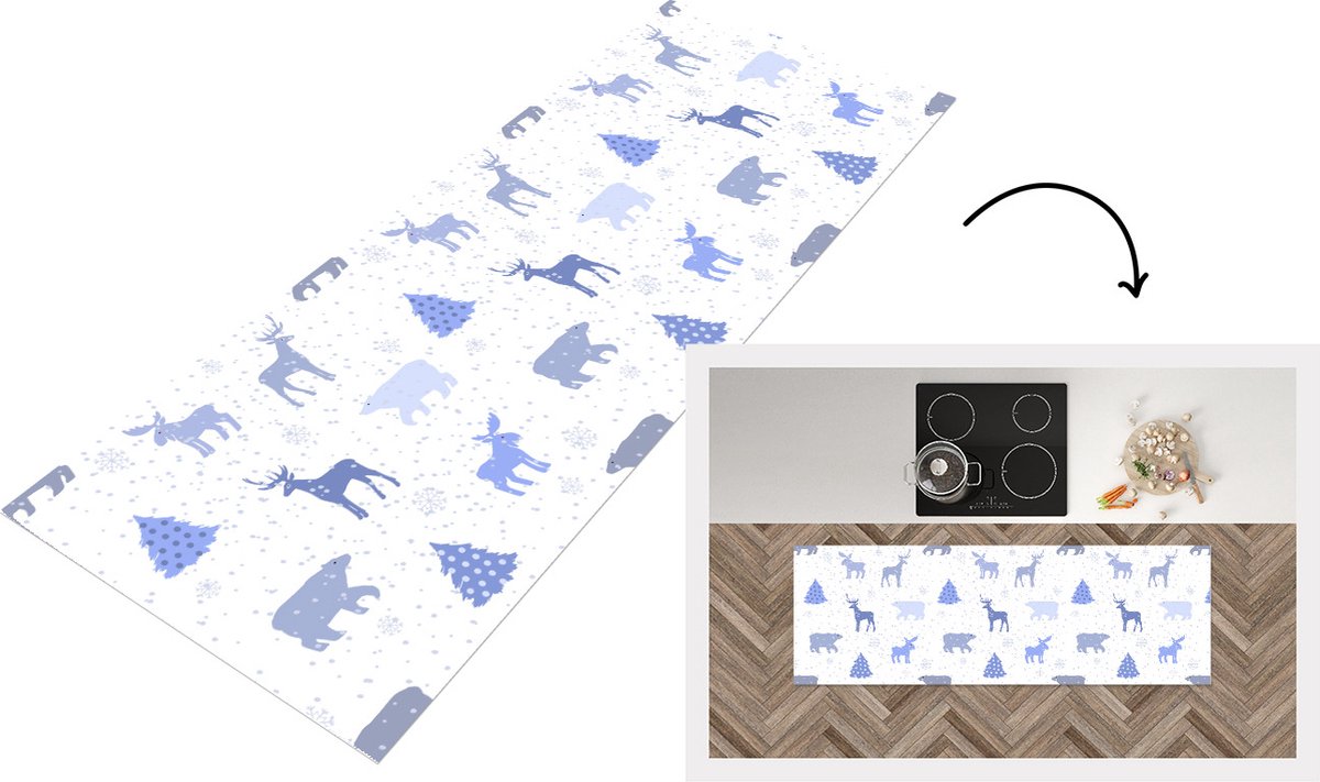 KitchenYeah Keukenloper - Loper keuken - Hert - Patroon - Sneeuw - 180x60 cm - Keukenloper vinyl Multicolor