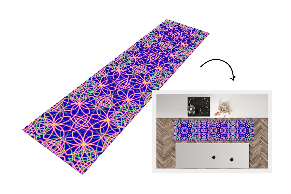 KitchenYeah Keukenloper - Loper keuken - Bloemen - Neon - Patroon - 200x50 cm - Keukenloper vinyl Multicolor