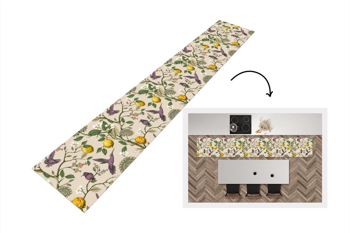 KitchenYeah Keukenloper - Loper keuken - Patroon - Vogel - Planten - Fruit - 300x50 cm - Keukenloper vinyl Multicolor