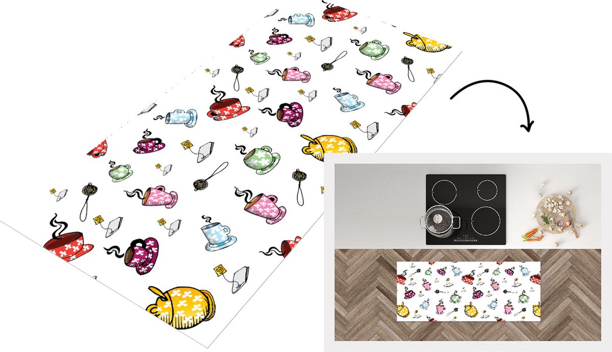 KitchenYeah Keukenloper - Loper keuken - Thee - Patronen - Kopjes - 120x50 cm - Keukenloper vinyl Multicolor