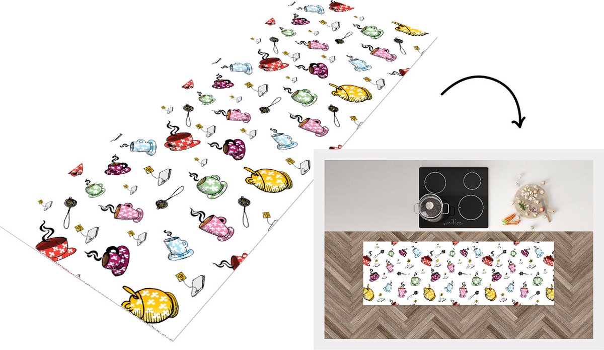 KitchenYeah Keukenloper - Loper keuken - Thee - Patronen - Kopjes - 180x60 cm - Keukenloper vinyl Multicolor