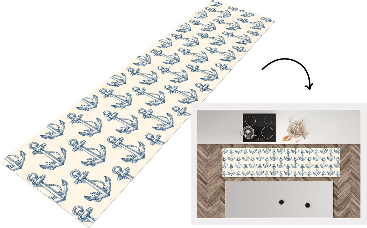 KitchenYeah Keukenloper - Loper keuken - Vintage - Anker - Strand - Zee - Patronen - 240x60 cm - Keukenloper vinyl Multicolor