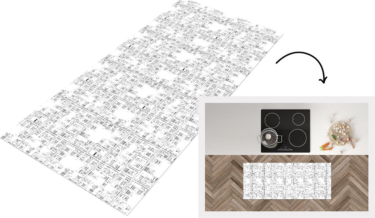 KitchenYeah Keukenloper - Loper keuken - Stadskaart - Patronen - Zwart Wit - 120x50 cm - Keukenloper vinyl - Plattegrond Zwart; Wit