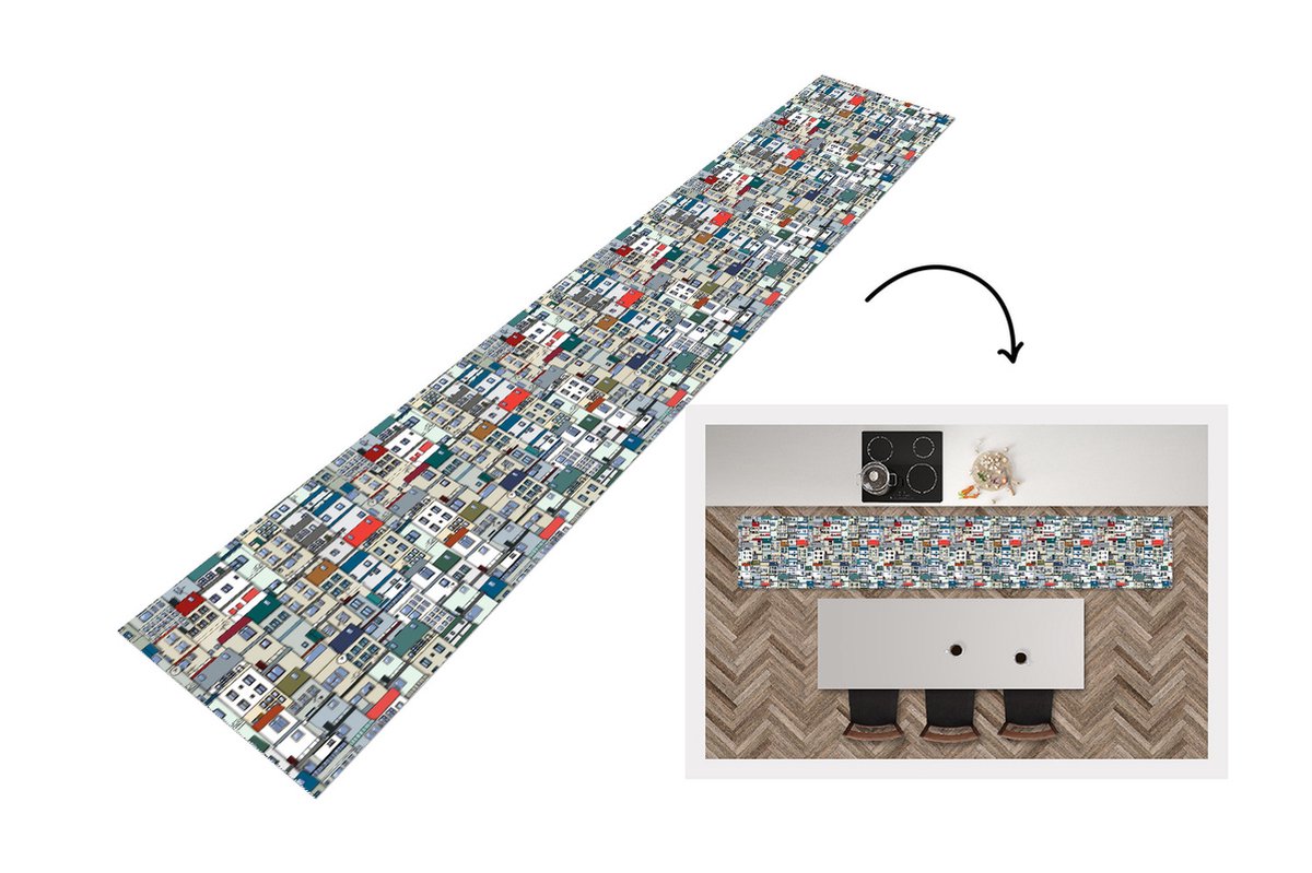 KitchenYeah Keukenloper - Loper keuken - Zentangle - Huis - Patronen - 300x50 cm - Keukenloper vinyl Multicolor