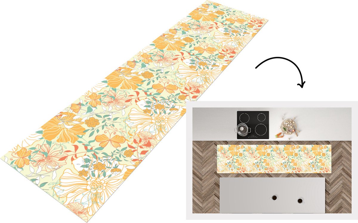 KitchenYeah Keukenloper - Loper keuken - Bloemen - Patronen - Vlinders - 200x50 cm - Keukenloper vinyl Multicolor