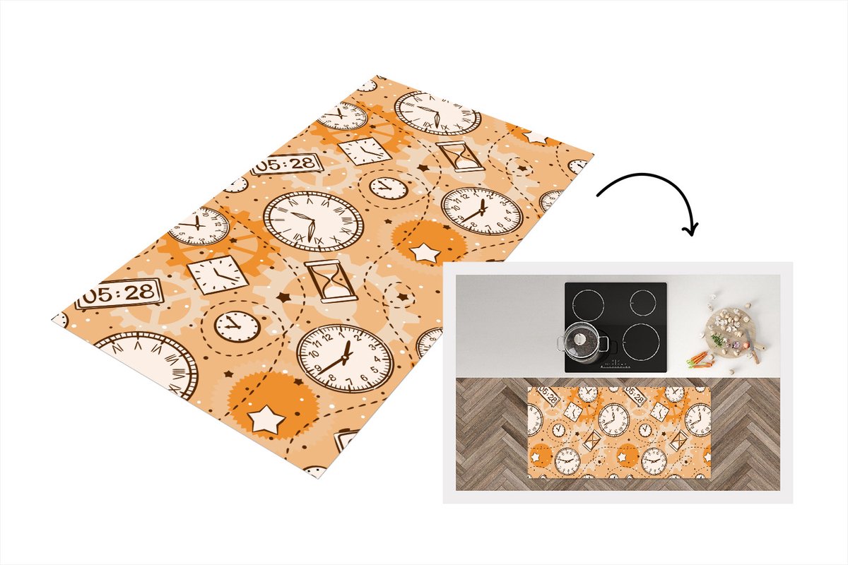 KitchenYeah Keukenloper - Loper keuken - Patronen - Klok - Zandloper - 120x60 cm - Keukenloper vinyl Multicolor