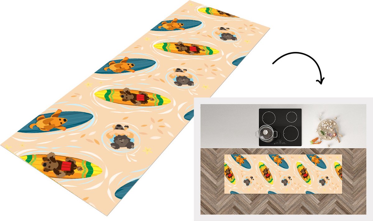 KitchenYeah Keukenloper - Loper keuken - Honden - Surfen - Patroon - 180x60 cm - Keukenloper vinyl Multicolor