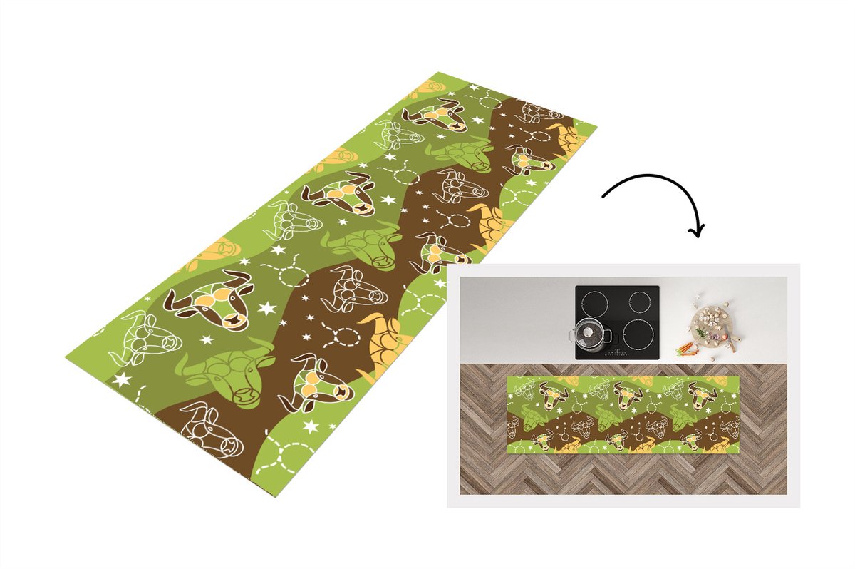 KitchenYeah Keukenloper - Loper keuken - Stier - Zodiac - Groen - Patroon - 150x50 cm - Keukenloper vinyl Multicolor