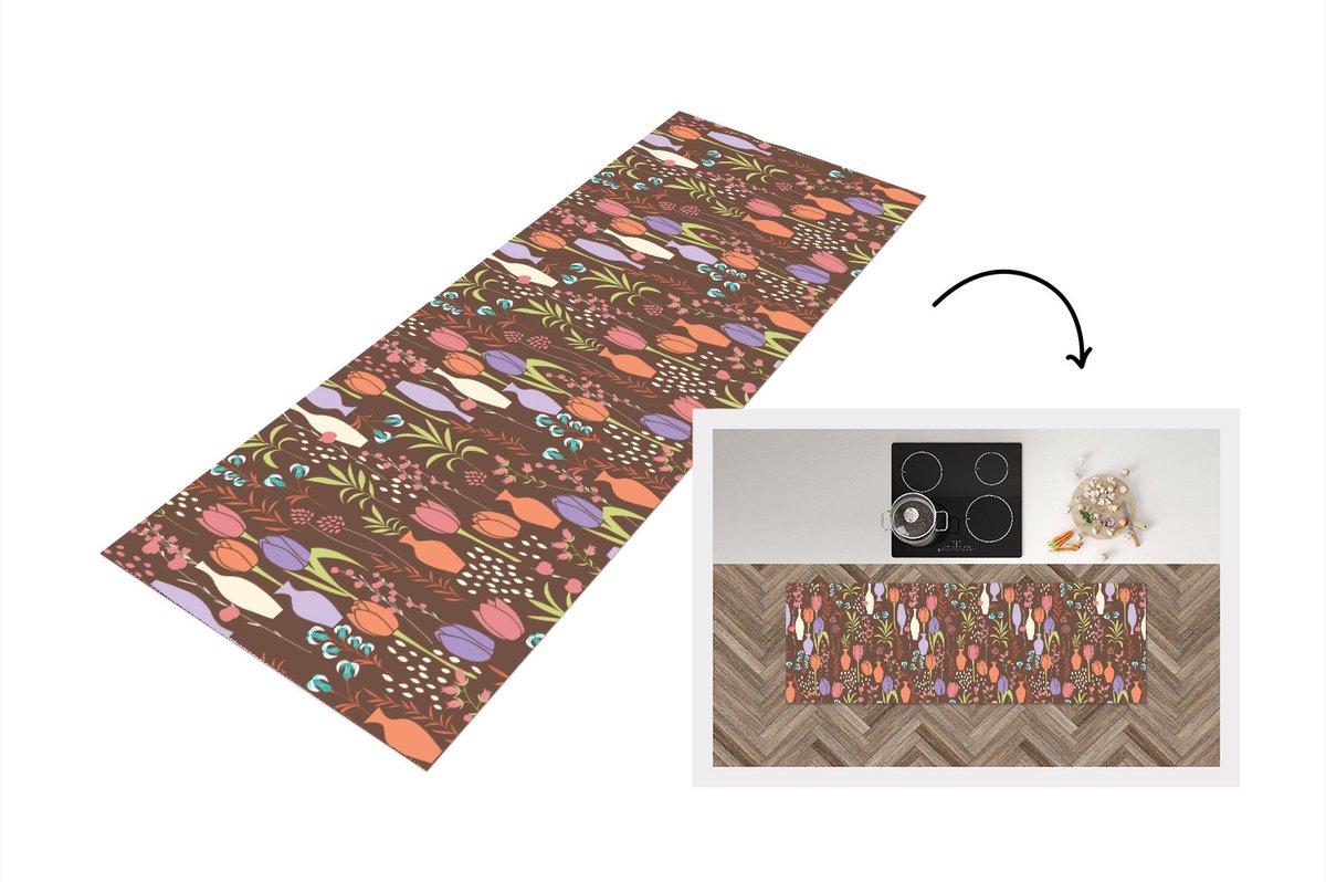 KitchenYeah Keukenloper - Loper keuken - Bloemen - Vaas - Patronen - 180x60 cm - Keukenloper vinyl Multicolor