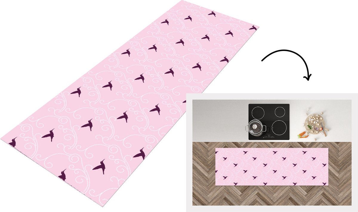 KitchenYeah Keukenloper - Loper keuken - Vogel - Patronen - Roze - 150x50 cm - Keukenloper vinyl Multicolor