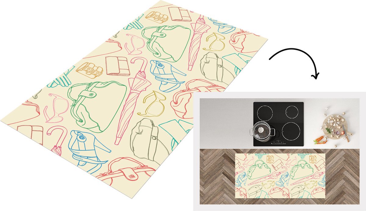 KitchenYeah Keukenloper - Loper keuken - Pastel - Tas - Kleren - Patronen - 120x60 cm - Keukenloper vinyl Multicolor