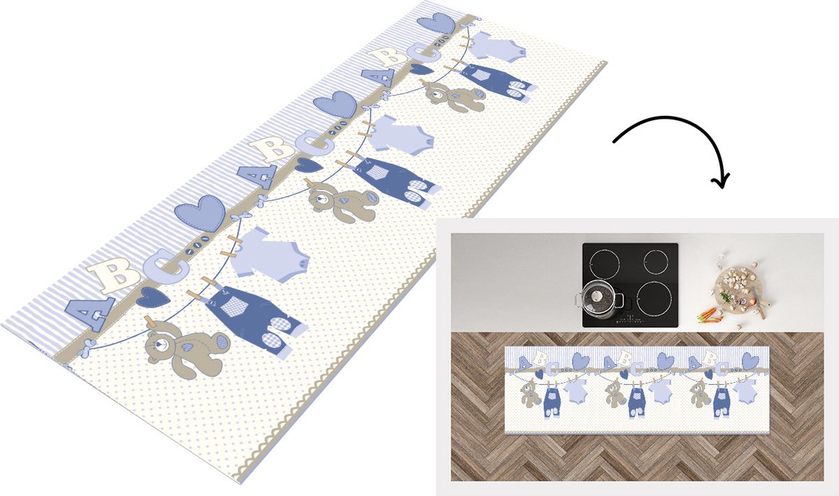 KitchenYeah Keukenloper - Loper keuken - Baby kleren - Waslijn - Teddybeer - Patroon - 150x50 cm - Keukenloper vinyl Multicolor