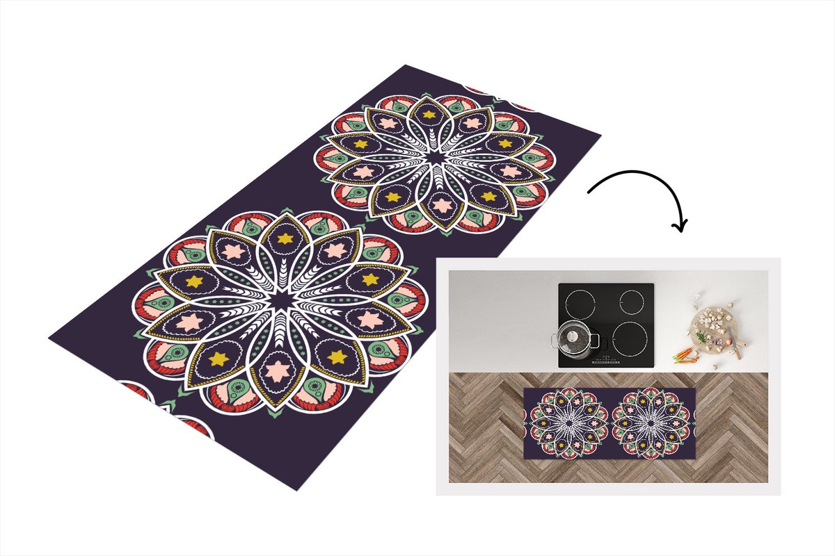KitchenYeah Keukenloper - Loper keuken - Mandala - Ster - Design - 120x50 cm - Keukenloper vinyl Multicolor