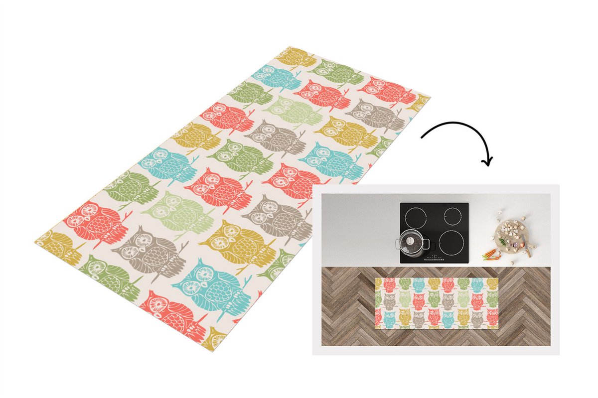 KitchenYeah Keukenloper - Loper keuken - Patronen - Uil - Vogels - 120x50 cm - Keukenloper vinyl Multicolor