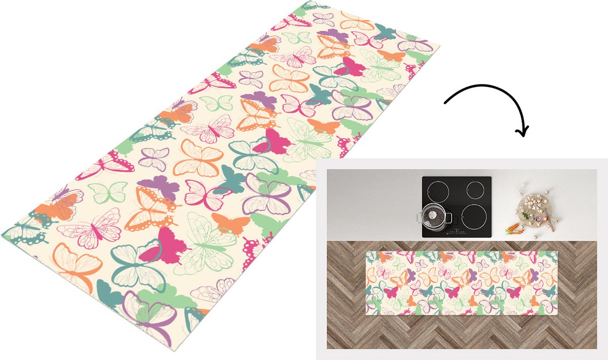 KitchenYeah Keukenloper - Loper keuken - Vlinders - Patronen - Insecten - 150x50 cm - Keukenloper vinyl Multicolor