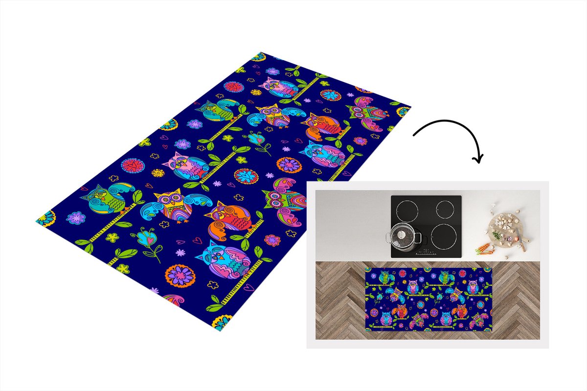 KitchenYeah Keukenloper - Loper keuken - Patroon - Uil - Takken - 120x60 cm - Keukenloper vinyl Multicolor