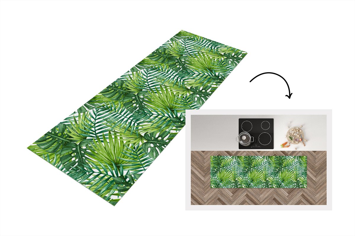 KitchenYeah Keukenloper - Loper keuken - Bladeren - Palm - Patronen - 180x60 cm - Keukenloper vinyl Multicolor