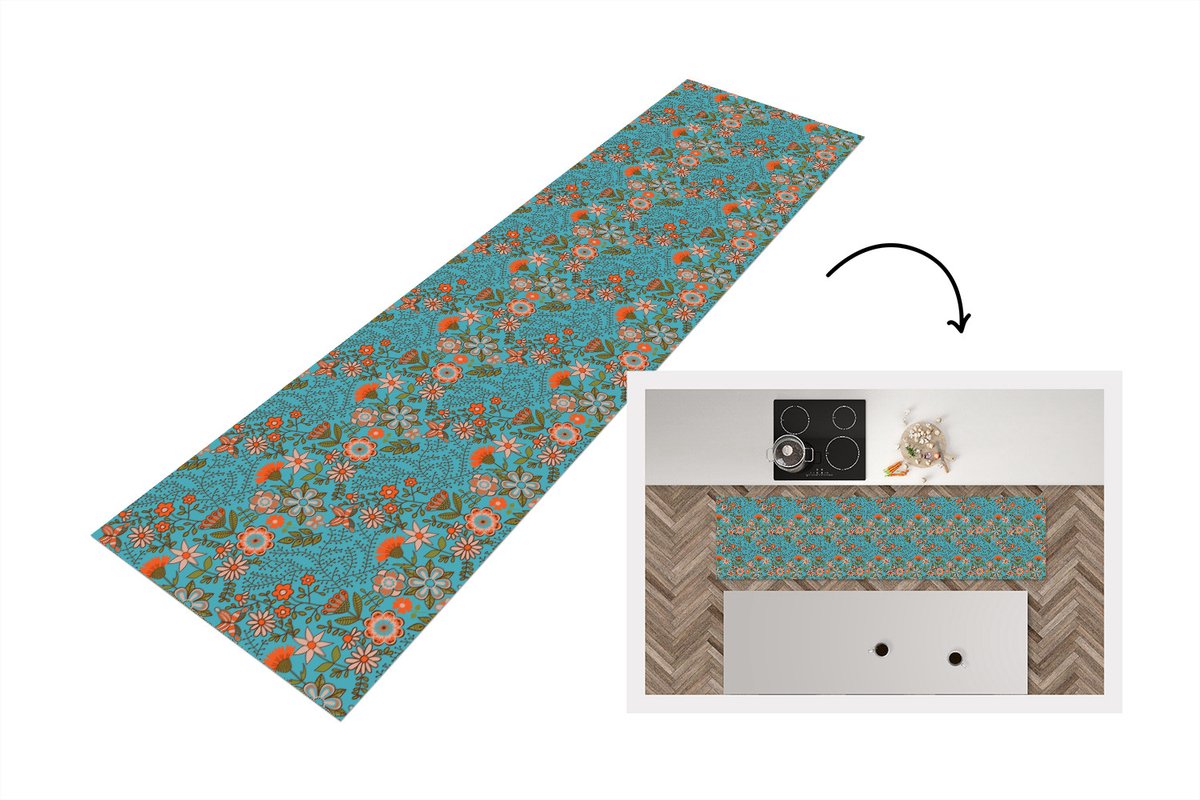 KitchenYeah Keukenloper - Loper keuken - Bohemian - Bloemen - Oranje - Retro - Design - 200x50 cm - Keukenloper vinyl Multicolor
