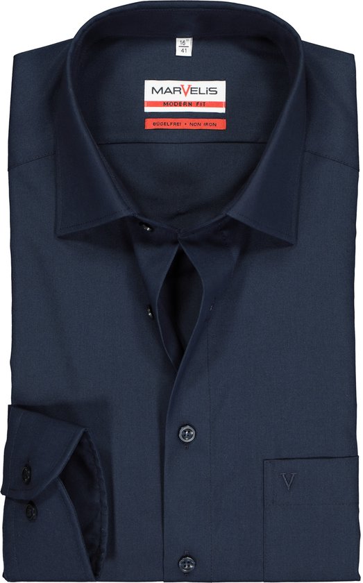 MARVELIS modern fit overhemd - donkerblauw - Strijkvrij - Boordmaat: 40