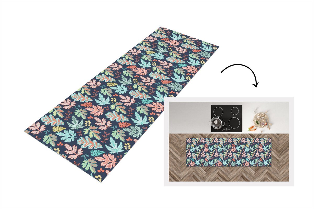 KitchenYeah Keukenloper - Loper keuken - Bladeren - Patronen - Barok - 150x50 cm - Keukenloper vinyl Multicolor