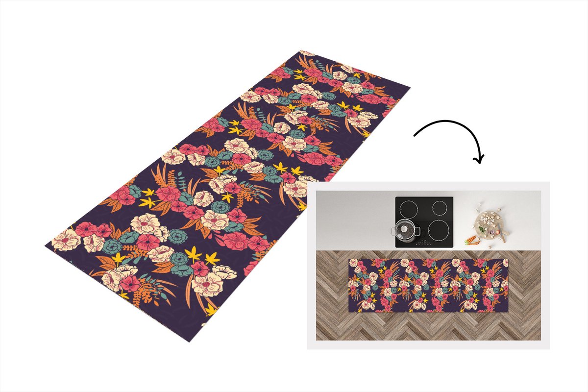 KitchenYeah Keukenloper - Loper keuken - Boeket - Bloemen - Tropisch - Patroon - 180x60 cm - Keukenloper vinyl Multicolor