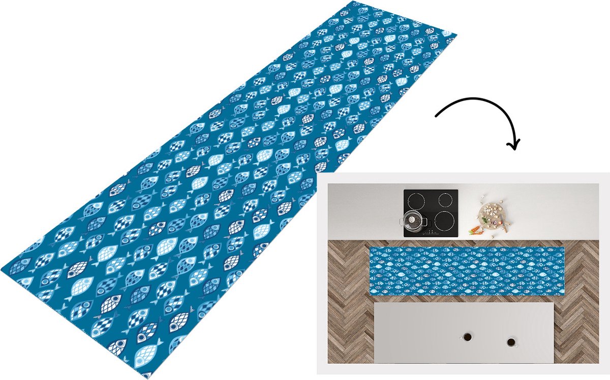 KitchenYeah Keukenloper - Loper keuken - Vissen - Blauw - Patronen - 240x60 cm - Keukenloper vinyl Multicolor