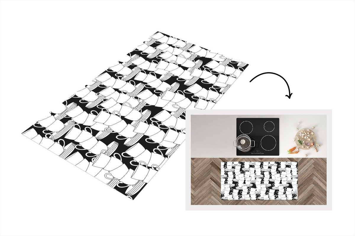 KitchenYeah Keukenloper - Loper keuken - Patronen - Zwart wit - Kopjes - Thee - 120x60 cm - Keukenloper vinyl Zwart; Wit