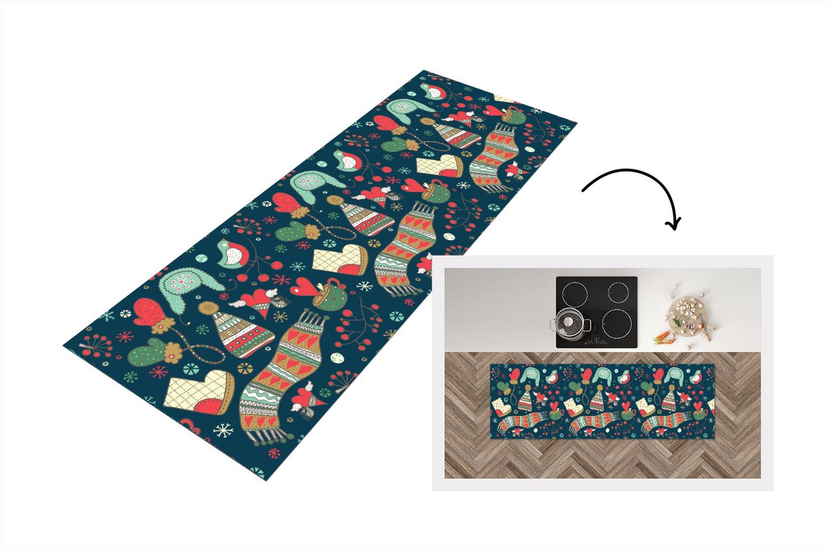 KitchenYeah Keukenloper - Loper keuken - Winter - Design - Thee - Handschoenen - Muts - 150x50 cm - Keukenloper vinyl Multicolor