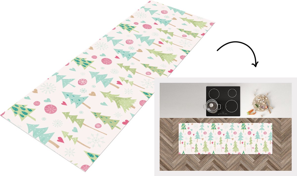 KitchenYeah Keukenloper - Loper keuken - Winter - Bos - Patroon - Sneeuw - Pastel - 180x60 cm - Keukenloper vinyl Multicolor