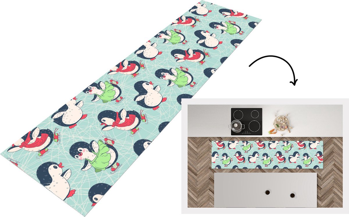KitchenYeah Keukenloper - Loper keuken - Pinguïn - Schaatsen - Design - 200x50 cm - Keukenloper vinyl Multicolor