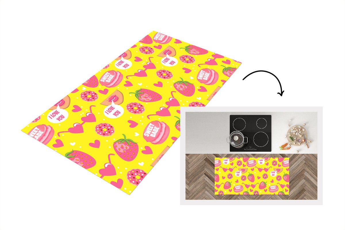 KitchenYeah Keukenloper - Loper keuken - Eten - Patroon - Roze - 120x60 cm - Keukenloper vinyl Multicolor