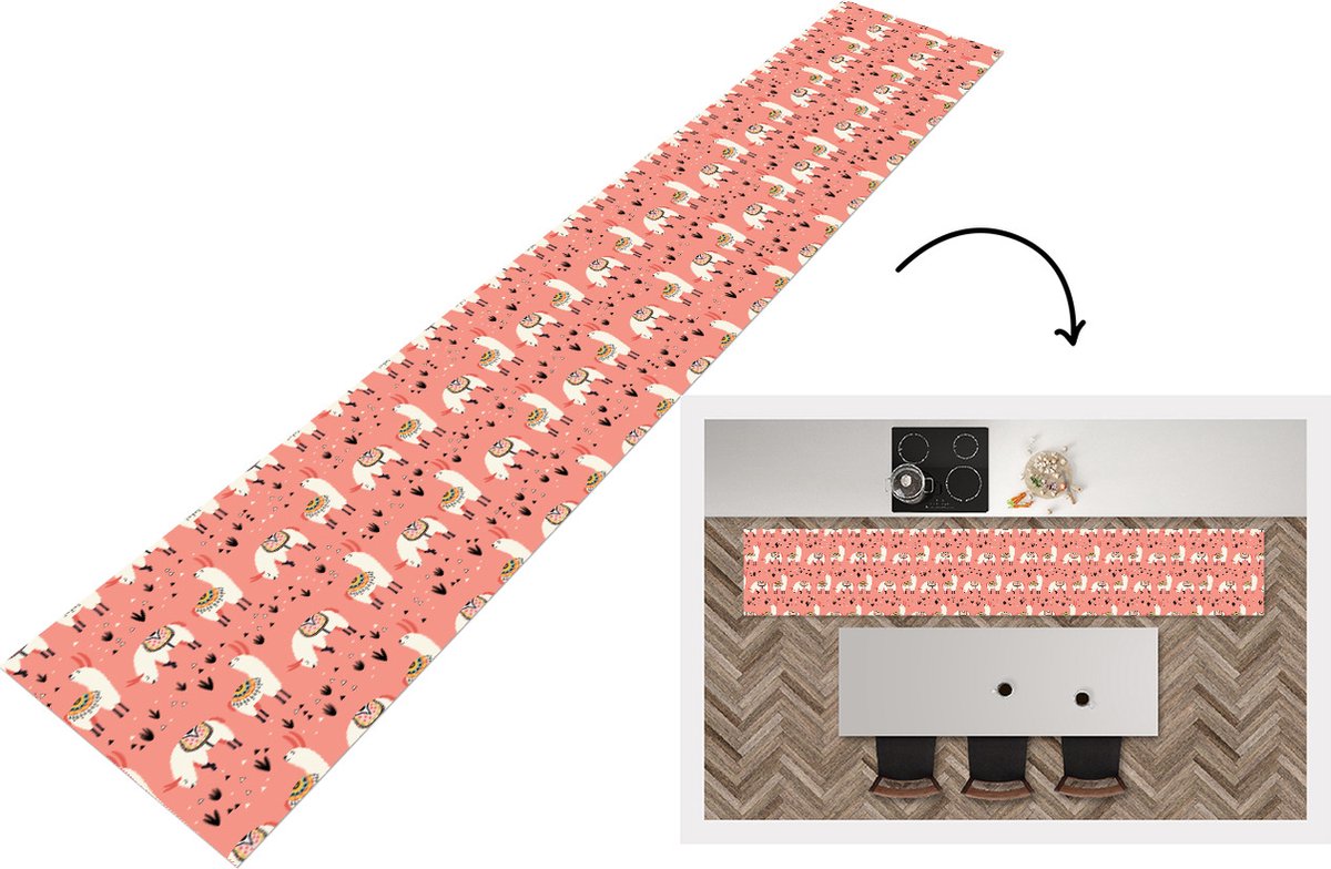 KitchenYeah Keukenloper - Loper keuken - Lama - Kinderen - Roze - Patroon - 300x50 cm - Keukenloper vinyl Multicolor
