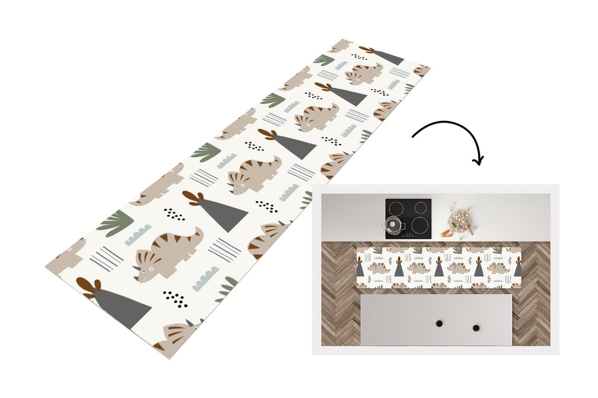 KitchenYeah Keukenloper - Loper keuken - Jongens - Kinderen - Patroon - Dinosaurus - 200x50 cm - Keukenloper vinyl Multicolor