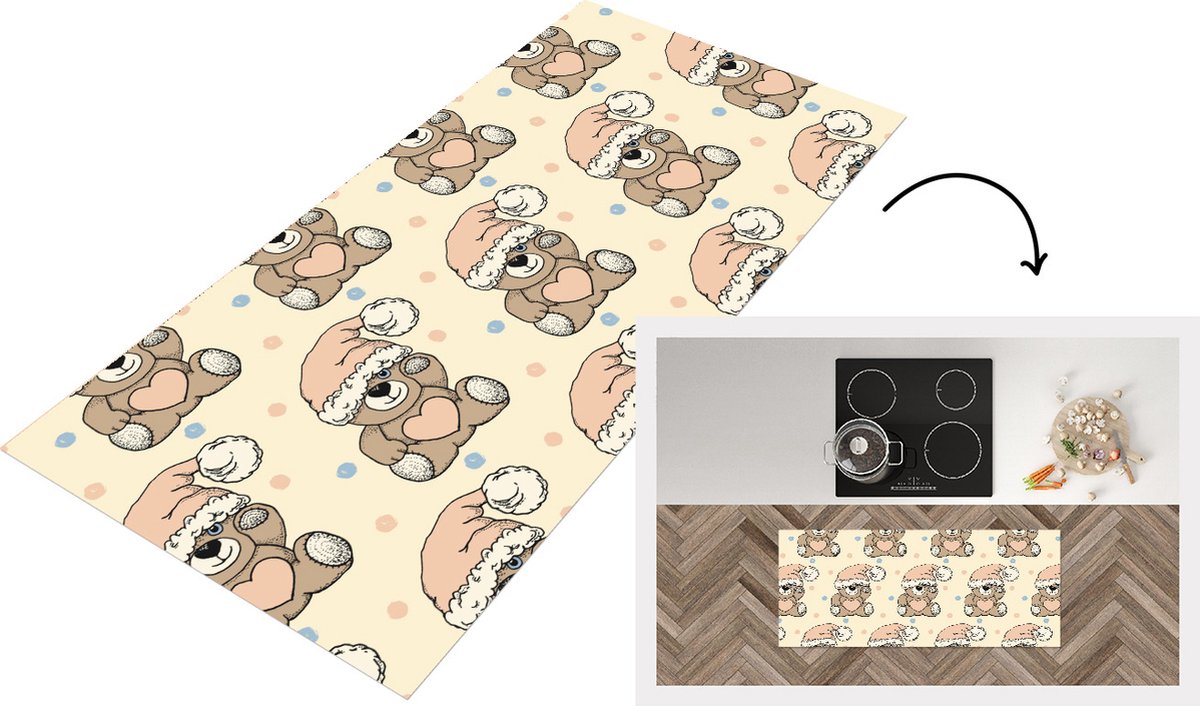 KitchenYeah Keukenloper - Loper keuken - Knuffelbeer - Slaapmuts - Kinderen - Pastel - 120x50 cm - Keukenloper vinyl Multicolor