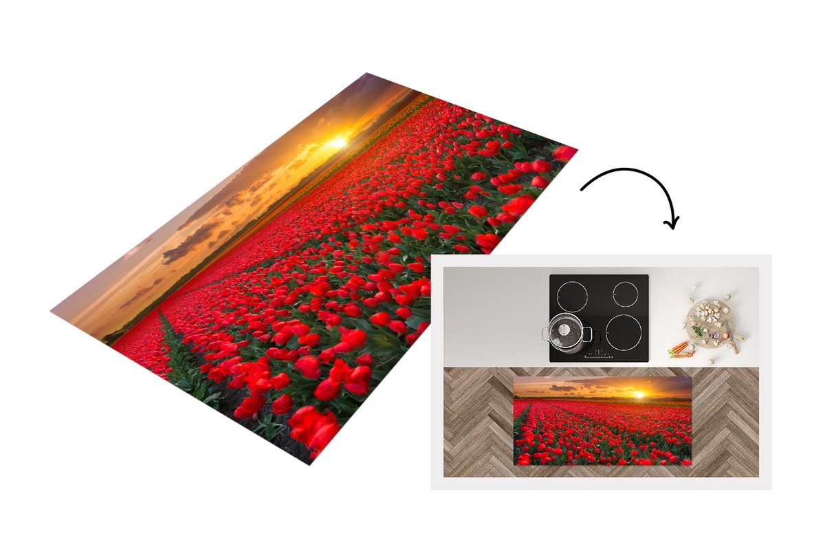 KitchenYeah Keukenloper - Loper keuken - De zon schijnt over de vele rode tulpen - 120x60 cm - Keukenloper vinyl Multicolor