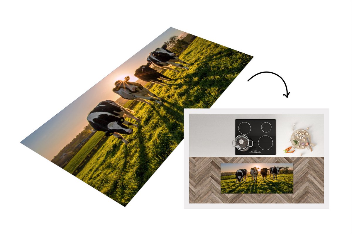 KitchenYeah Keukenloper - Loper keuken - Koeien - Gras - Zon - 120x50 cm - Keukenloper vinyl Multicolor