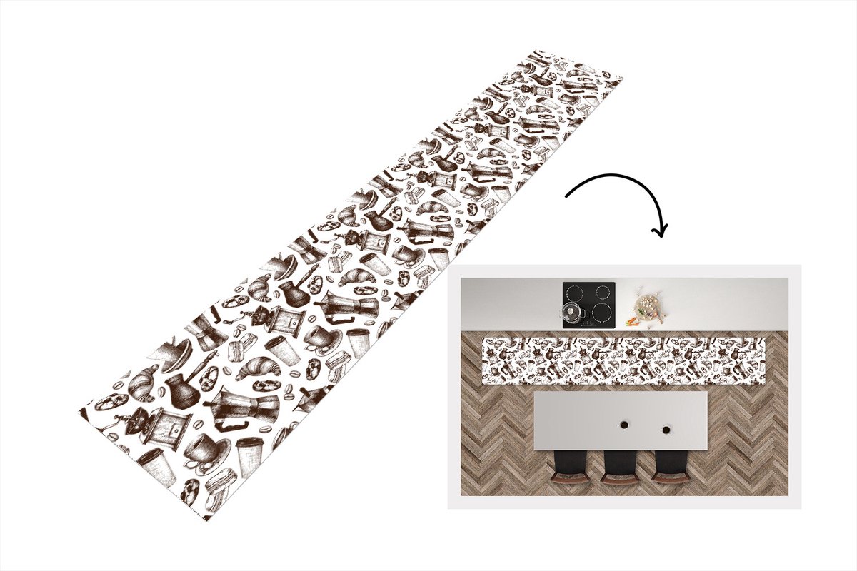 KitchenYeah Keukenloper - Loper keuken - Koffie - Croissant - Patroon - 300x50 cm - Keukenloper vinyl Multicolor