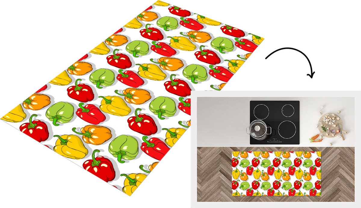 KitchenYeah Keukenloper - Loper keuken - Patroon - Eten - Paprika - 120x60 cm - Keukenloper vinyl Multicolor