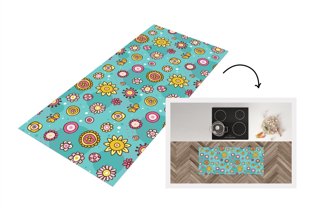 KitchenYeah Keukenloper - Loper keuken - Bloemen - Vlinders - Patronen - 120x50 cm - Keukenloper vinyl Multicolor